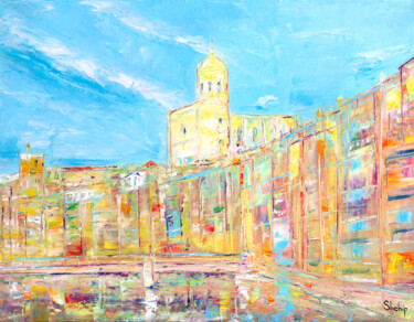 Painting titled "Sunny Day In Girona" by Natalia Shchipakina, Original Artwork, Oil Mounted on Wood Stretcher frame