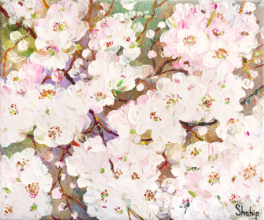 Painting titled "Pear Blossom" by Natalia Shchipakina, Original Artwork, Oil Mounted on Wood Stretcher frame