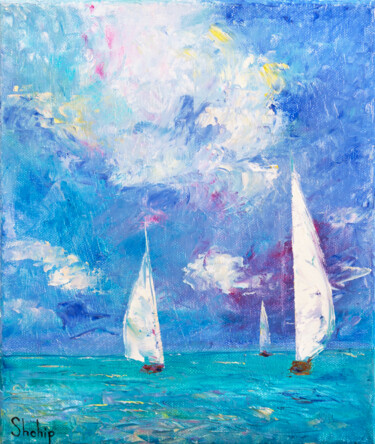 Painting titled "Sailboats on the Me…" by Natalia Shchipakina, Original Artwork, Oil Mounted on Wood Stretcher frame
