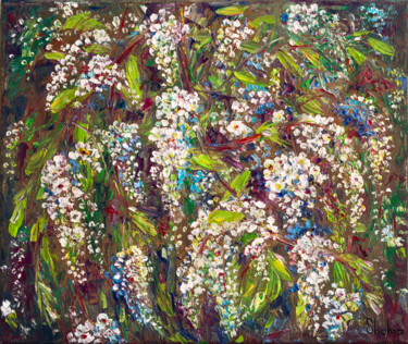 Painting titled "Bird Cherry Tree" by Natalia Shchipakina, Original Artwork, Oil Mounted on Wood Stretcher frame