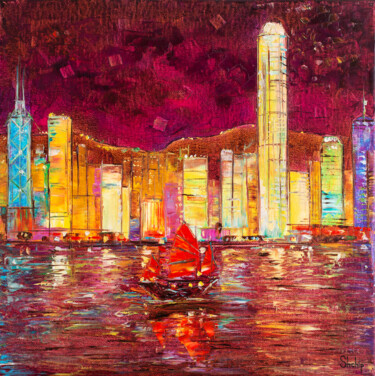 Malerei mit dem Titel "Night In Hong Kong" von Natalia Shchipakina, Original-Kunstwerk, Öl