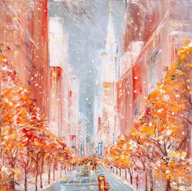Painting titled "Snowfall In New Yor…" by Natalia Shchipakina, Original Artwork, Oil Mounted on Wood Stretcher frame