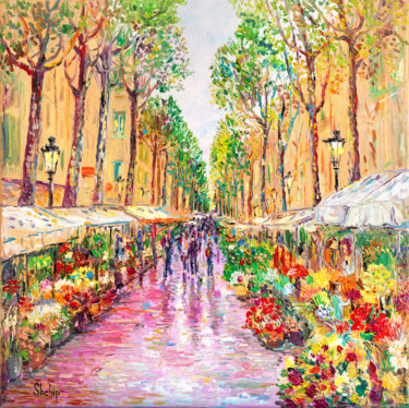 Painting titled "Flower Stalls. La R…" by Natalia Shchipakina, Original Artwork, Oil Mounted on Wood Stretcher frame