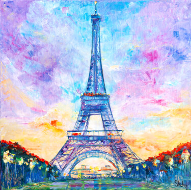 Pintura titulada "Eiffel Tower. Purpl…" por Natalia Shchipakina, Obra de arte original, Oleo