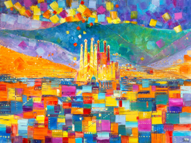 Картина под названием "Barcelona. Colourfu…" - Natalia Shchipakina, Подлинное произведение искусства, Масло Установлен на Де…