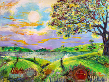 Painting titled "Morning In The Hobb…" by Natalia Shchipakina, Original Artwork, Oil Mounted on Wood Stretcher frame