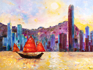 Картина под названием "Hong Kong. Golden H…" - Natalia Shchipakina, Подлинное произведение искусства, Масло Установлен на Де…