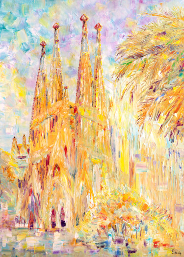 Painting titled "Sagrada Familia Squ…" by Natalia Shchipakina, Original Artwork, Oil Mounted on Wood Stretcher frame