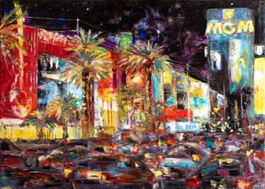 Painting titled "Night in Las Vegas" by Natalia Shchipakina, Original Artwork, Oil Mounted on Wood Stretcher frame