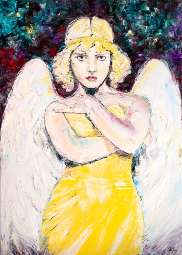 Schilderij getiteld "Quiet Angel" door Natalia Shchipakina, Origineel Kunstwerk, Olie Gemonteerd op Frame voor houten branca…