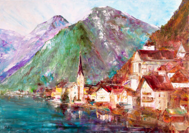 Painting titled "Hallstatt. Austria" by Natalia Shchipakina, Original Artwork, Oil Mounted on Wood Stretcher frame