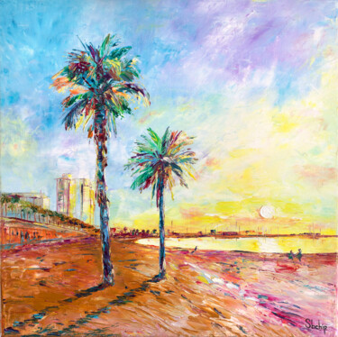 Painting titled "Palm Trees. Barcelo…" by Natalia Shchipakina, Original Artwork, Oil Mounted on Wood Stretcher frame