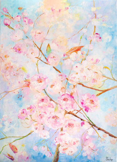 Painting titled "Cherry Blossoms und…" by Natalia Shchipakina, Original Artwork, Oil Mounted on Wood Stretcher frame