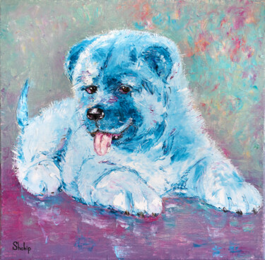 Painting titled "Akita Puppy" by Natalia Shchipakina, Original Artwork, Oil Mounted on Wood Stretcher frame