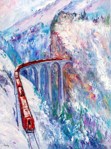 Painting titled "Alpine Winter" by Natalia Shchipakina, Original Artwork, Oil Mounted on Wood Stretcher frame