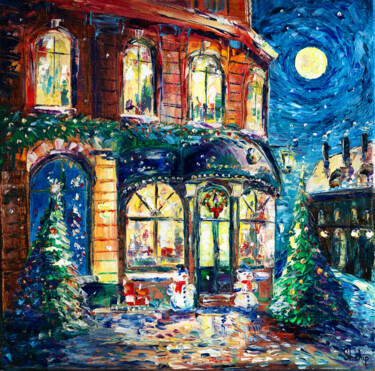 Картина под названием "Old Cafe on Christm…" - Natalia Shchipakina, Подлинное произведение искусства, Масло Установлен на Де…