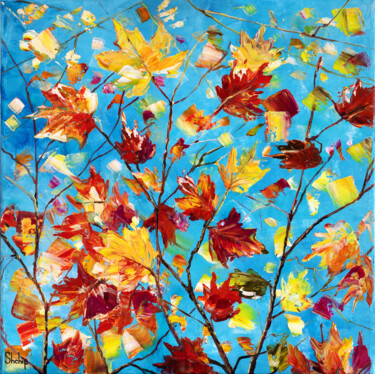 Painting titled "Maple Leaves. Autumn" by Natalia Shchipakina, Original Artwork, Oil Mounted on Wood Stretcher frame
