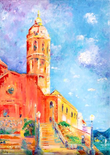 Painting titled "Coral Town. Sitges" by Natalia Shchipakina, Original Artwork, Oil Mounted on Wood Stretcher frame