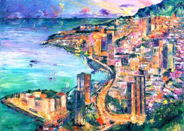 Painting titled "Monaco Coastline" by Natalia Shchipakina, Original Artwork, Oil Mounted on Wood Stretcher frame