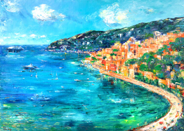 Painting titled "Blue Coast" by Natalia Shchipakina, Original Artwork, Oil Mounted on Wood Stretcher frame