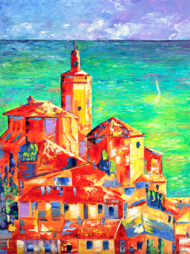 Painting titled "Coral Town" by Natalia Shchipakina, Original Artwork, Oil Mounted on Wood Stretcher frame