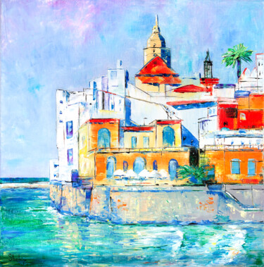 Painting titled "Sitges. A Town Wash…" by Natalia Shchipakina, Original Artwork, Oil Mounted on Wood Stretcher frame