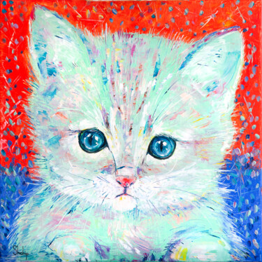 Painting titled "Cutie Kitten" by Natalia Shchipakina, Original Artwork, Oil Mounted on Wood Stretcher frame