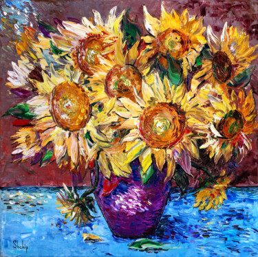 Painting titled "Sunflowers in a Pur…" by Natalia Shchipakina, Original Artwork, Oil Mounted on Wood Stretcher frame