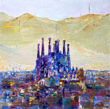 Malarstwo zatytułowany „Barcelona at Dawn” autorstwa Natalia Shchipakina, Oryginalna praca, Olej Zamontowany na Drewniana ra…
