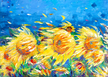 Painting titled "Sunflowers In The W…" by Natalia Shchipakina, Original Artwork, Oil Mounted on Wood Stretcher frame