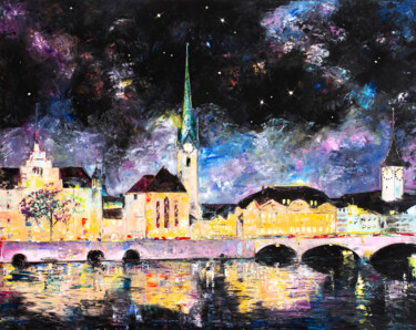 Painting titled "Zurich's Old Town a…" by Natalia Shchipakina, Original Artwork, Oil Mounted on Wood Stretcher frame