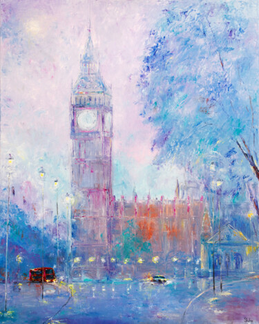 Painting titled "London in Pastel Pu…" by Natalia Shchipakina, Original Artwork, Oil Mounted on Wood Stretcher frame