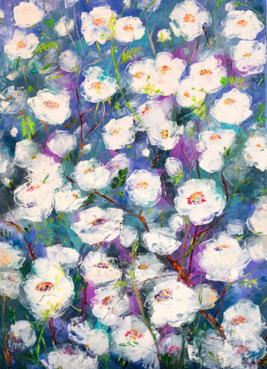 Painting titled "Wild White Rose" by Natalia Shchipakina, Original Artwork, Oil Mounted on Wood Stretcher frame