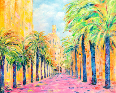 Painting titled "Palm Alley in Valen…" by Natalia Shchipakina, Original Artwork, Oil Mounted on Wood Stretcher frame
