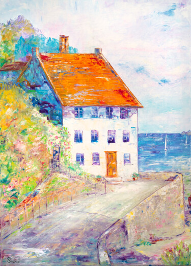 Schilderij getiteld "Seaside House" door Natalia Shchipakina, Origineel Kunstwerk, Olie