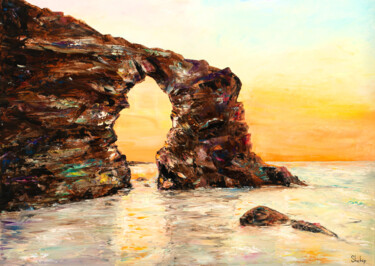 Painting titled "Beach of the Cathed…" by Natalia Shchipakina, Original Artwork, Oil Mounted on Wood Stretcher frame
