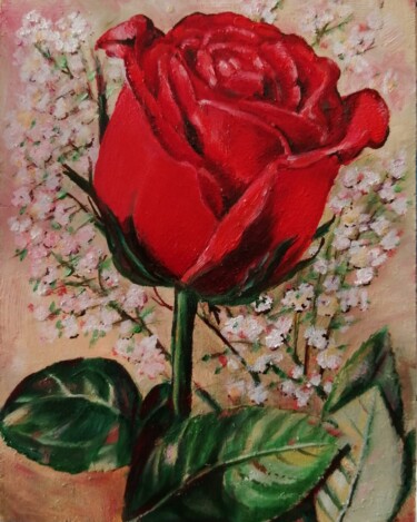 Картина под названием "rose and a gypsophi…" - Наталья Шевкунова, Подлинное произведение искусства, Масло