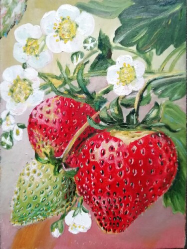 Painting titled "Merry strawberry" by Natalia Shevkunova, Original Artwork, Oil
