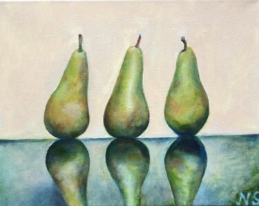 Painting titled "Trois poires 🍐" by Natalia Simonyan, Original Artwork, Oil Mounted on Wood Stretcher frame