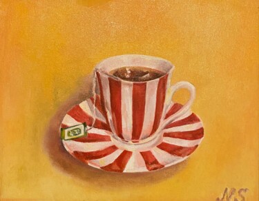 Painting titled "A cup of tea" by Natalia Simonyan, Original Artwork, Oil Mounted on Wood Stretcher frame