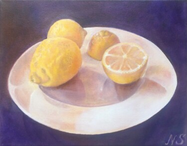 Peinture intitulée "Assiette avec citro…" par Natalia Simonyan, Œuvre d'art originale, Huile Monté sur Châssis en bois