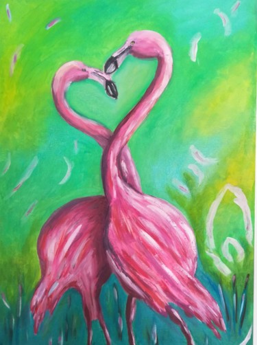 Картина под названием "Розовый фламинго" - Natalia Smirnovskaia, Подлинное произведение искусства, Масло