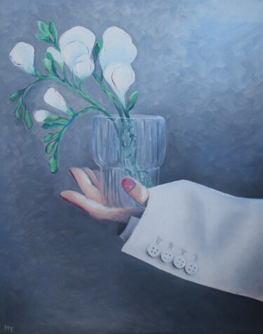 Painting titled "Hand with flower" by Natalia Tremasova, Original Artwork, Oil