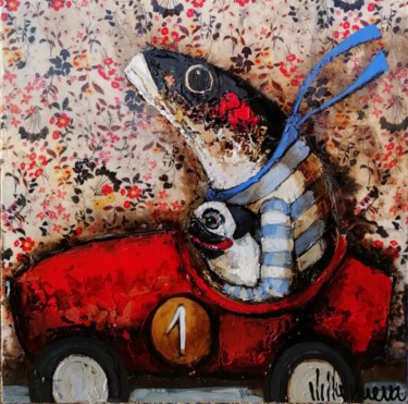 Painting titled "sardine en route" by Natalia Villanueva, Original Artwork, Enamel Mounted on Wood Stretcher frame