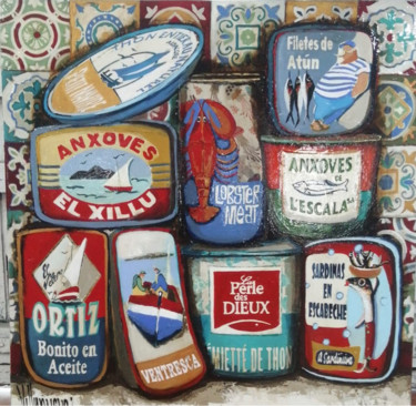 Latas catalanes Painting titled "Latas catalanes" by Natalia Villanueva, Original Art, Acrylic Mounted on Stretcher frame