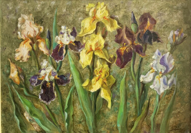 Painting titled "Multicolored irises" by Natalia Yakorieva, Original Artwork, Oil