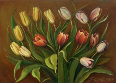Painting titled "Tulip buds" by Natalia Yakorieva, Original Artwork, Oil