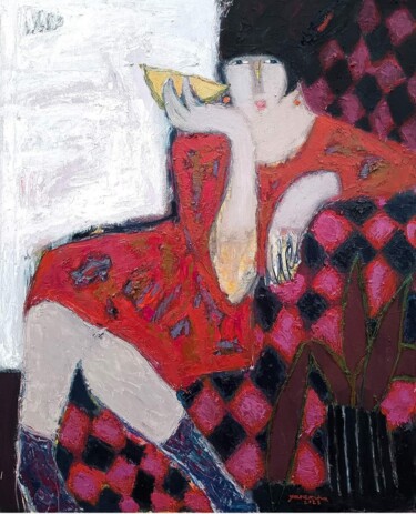 Malarstwo zatytułowany „Red dress” autorstwa Natalia Yanekina, Oryginalna praca, Olej Zamontowany na Panel drewniany