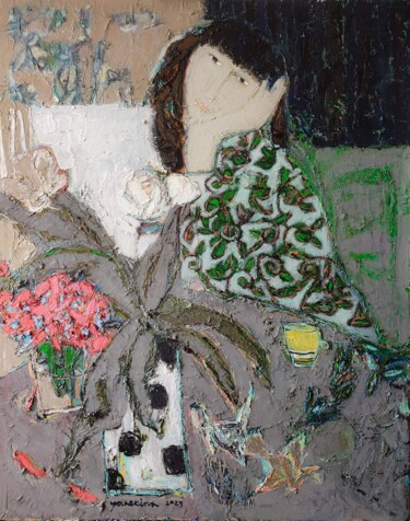 Painting titled "Girl with crane" by Natalia Yanekina, Original Artwork, Oil Mounted on Wood Panel