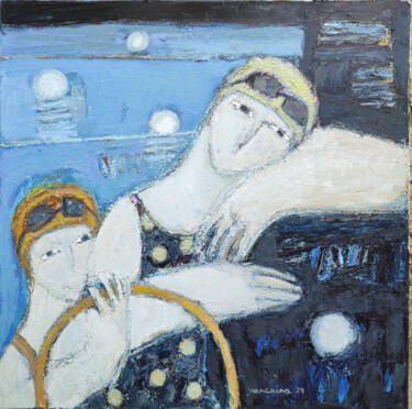 Painting titled "In a swimming pool" by Natalia Yanekina, Original Artwork, Oil Mounted on Wood Panel
